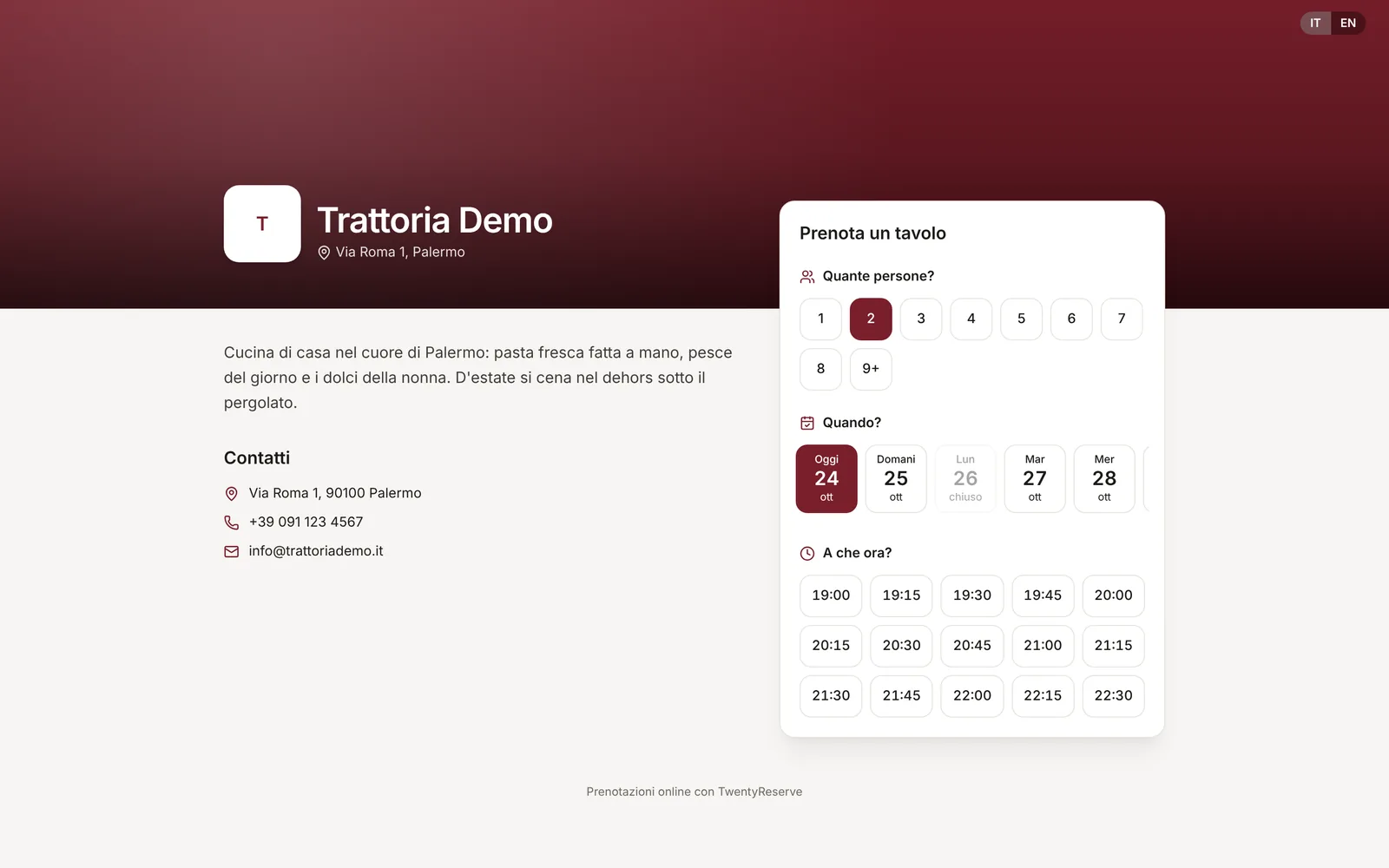 La pagina di prenotazione di un ristorante