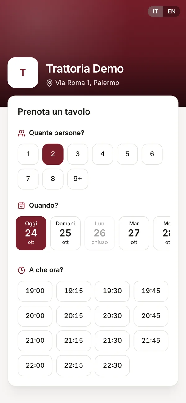 La pagina di prenotazione vista da un cliente sul telefono
